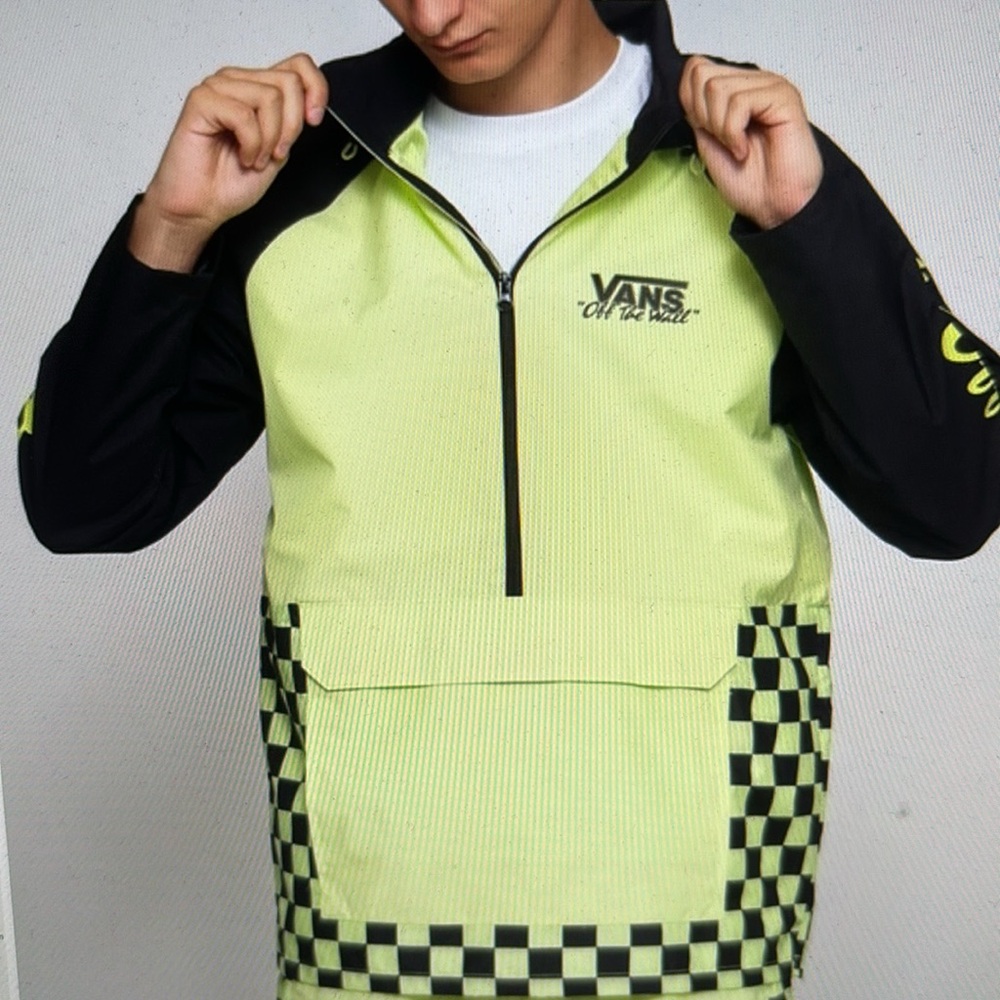 Vans BMX Off The Wall Neon Green Checkerboard Anorak Jacket Size Small